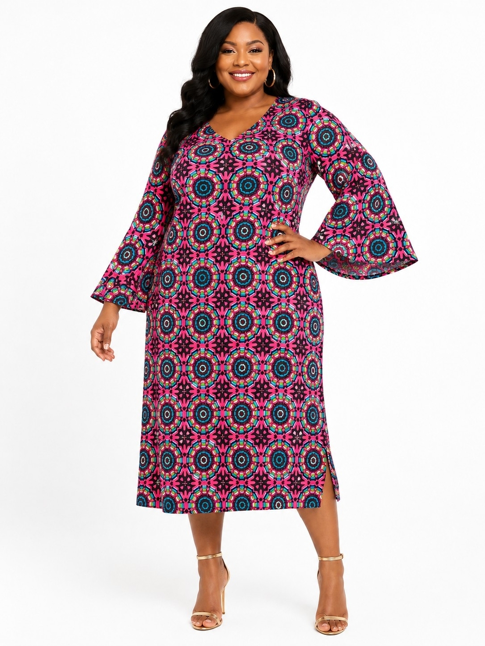 ASHRO Geometric Medallion Bell Sleeve Shift Dress Pink Blue Kaleidoscope 20W